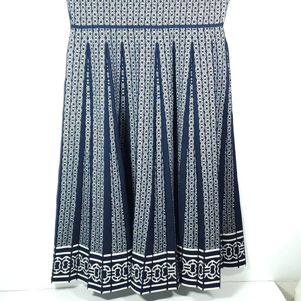 Tory Burch Gemini Link Small Knit Navy Jacquard Pleated Polo Dress NO BELT